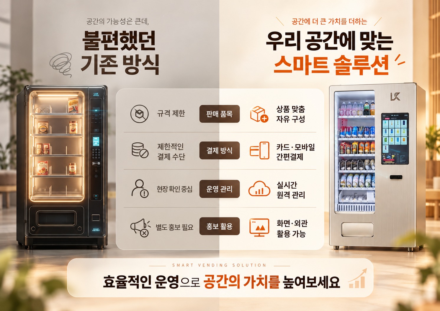 기존 자판기와 스마트 자판기 비교: 판매 품목(규격 제한 / 상품 맞춤 자유 구성), 결제 방식(제한적인 결제 수단 / 카드·모바일 간편결제), 운영 관리(현장 확인 중심 / 실시간 원격 관리), 홍보 활용(별도 홍보 필요 / 화면·외관 활용 가능)
